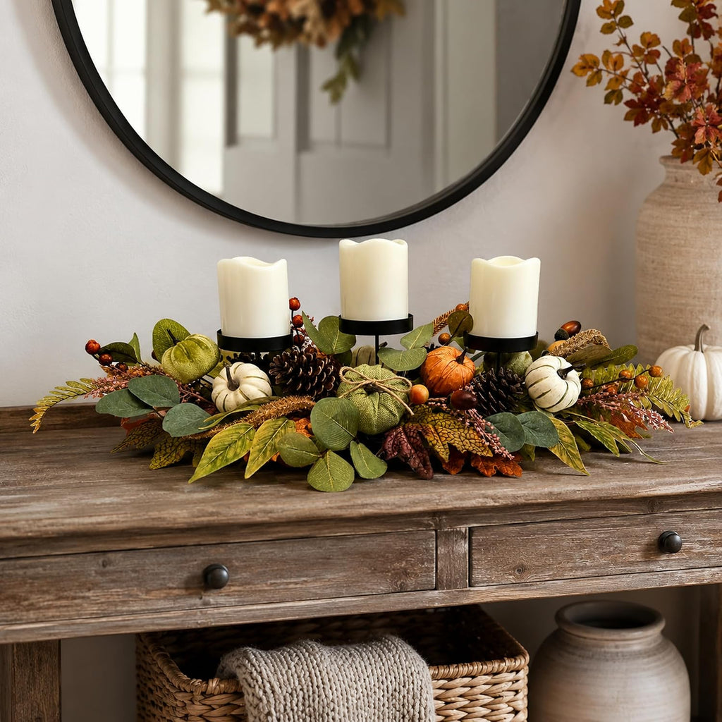 Inch Fall Candle Holder Centerpiece with Pumpkins Pinecones - Set of 3