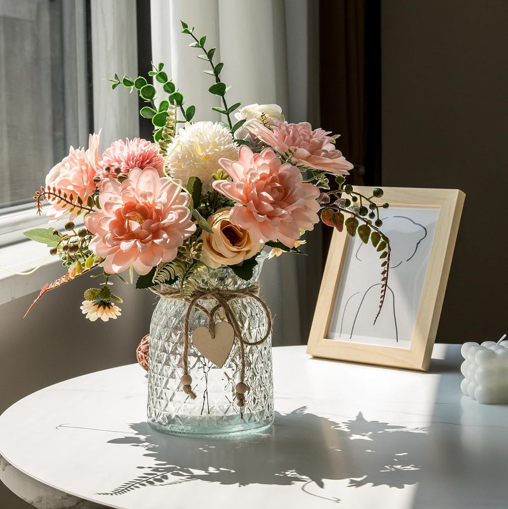 Fake Flowers with Vase,Faux Flowers in Vase Decor,Silk Pink Dahlia Artificial Flowers with Vase for Coffee Table