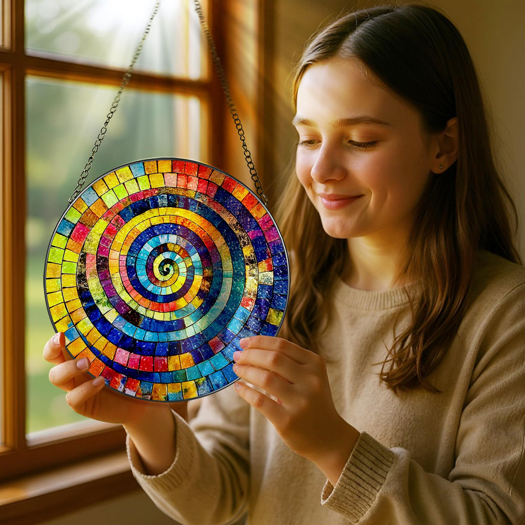 Stained Glass Window Hanging, 8 Inch Rainbow Spiral Stained Glass Suncatcher, Window Decor, Gifts for Art Lovers