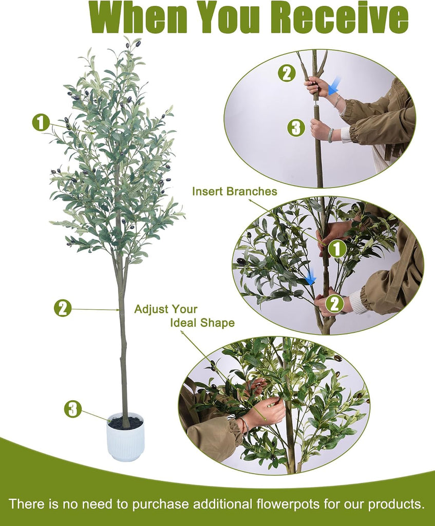 6FT Olive Trees Artificial Indoor, Faux Olive Tree with White Planter, Tall Fake Olive Silk Tree with Lifelike Wood