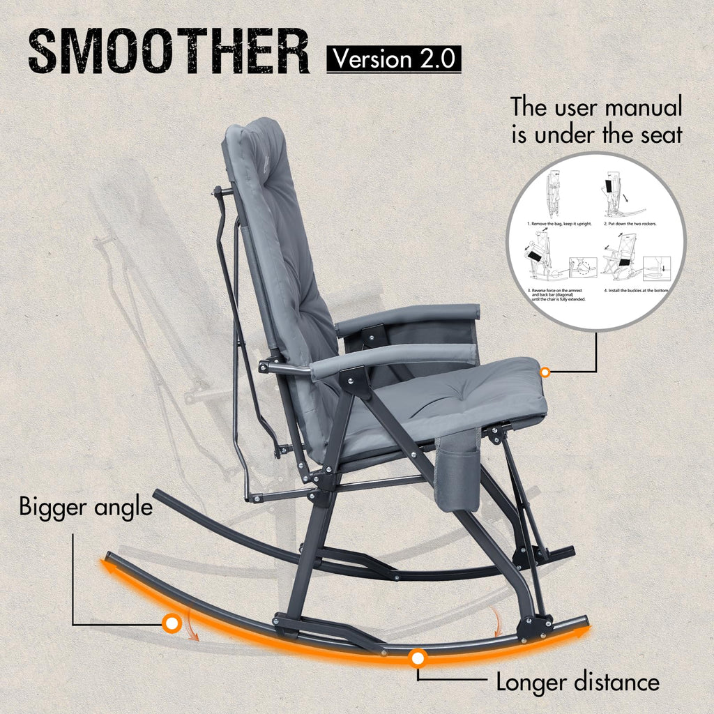 Thick Padded Folding Rocking Camping Chair Outdoor 400 LBS Gray