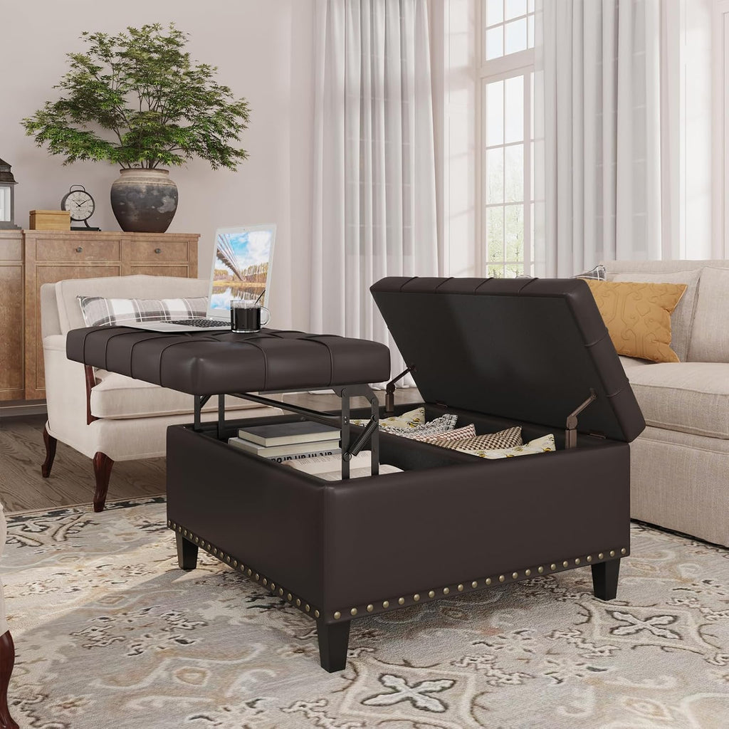31.5 Inch Large Square Ottoman with Storage,Faux Leather | Coffee Table Storage Ottoman Bench with Lift Top