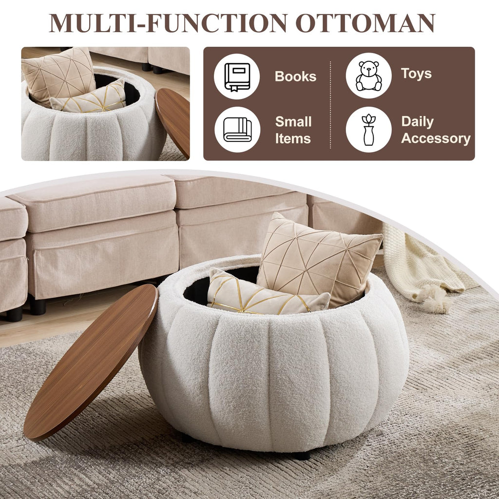 30 Inches Round Ottoman Coffee Table with Storage, Upholstered Ottoman in Boucle Teddy Fabric, Wooden Top As Tray