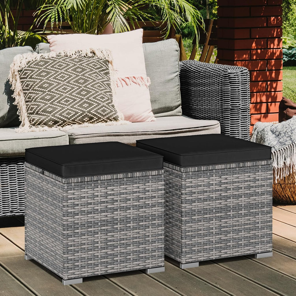 Patio Ottoman Set of 2, Outdoor Wicker Stools with Storage, Rattan Footrest Ottoman with Solid Metal Frame and