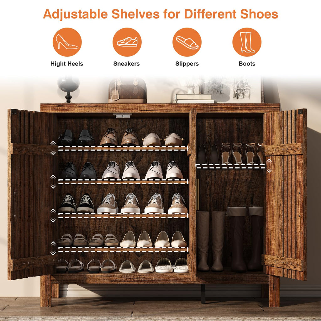 Wooden Shoes Cabinet with 3 Doors and Adjustable Shelves, Retro Freestanding Shoe Organizer Cabinet Hallway Living