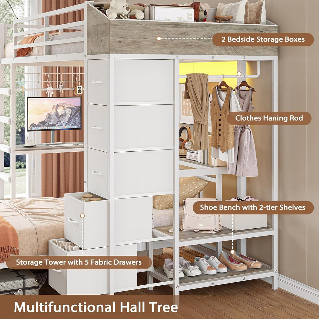Bunk Bed Twin Over Twin with Hall Tree, Charging Station and LED Lights, L-Shaped Bunk Bed with Desk