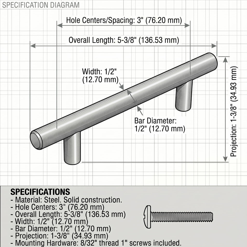 25 Pack 305-030SN Satin Nickel Steel Bar Pull 3 Inch Hole Centers