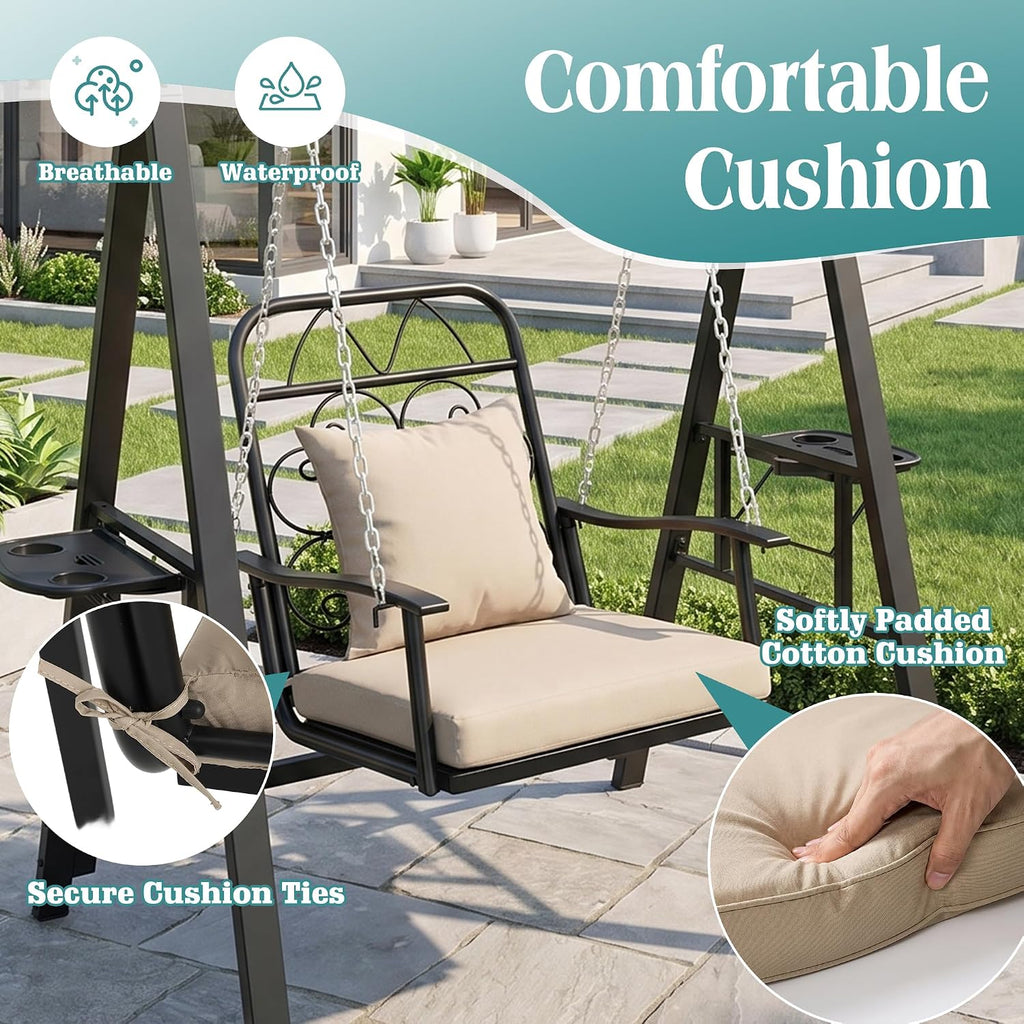 Metal Porch Swing with Stand, 350 LBS Outdoor Patio Porch Swing | Single Outdoor Patio Swing Chair with Heavy-Duty