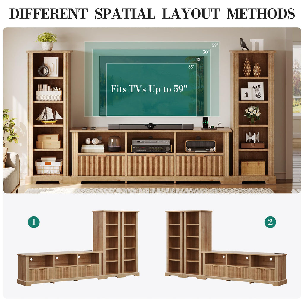 Modern TV Stand with 2 Side Bookshelves, Fluted, Nature Oak