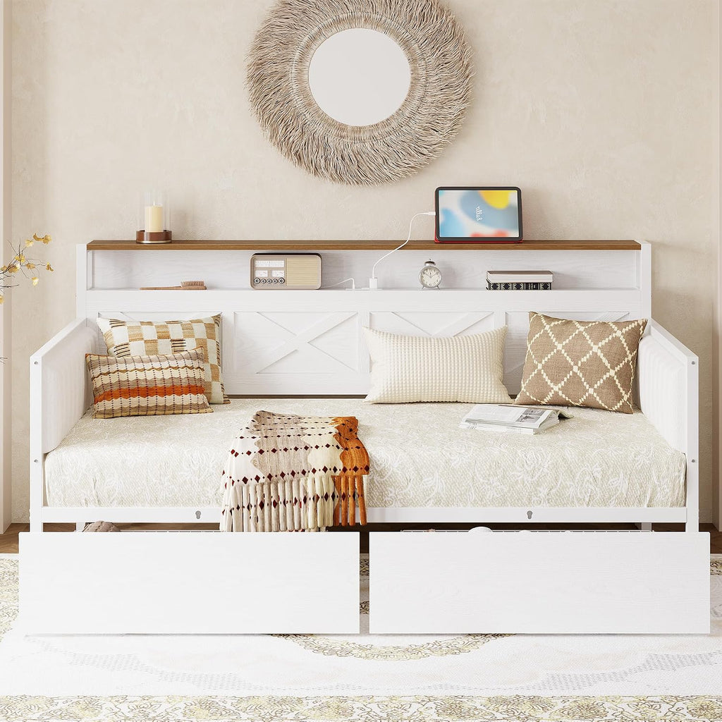 Twin Size Daybed with Storage Drawers, Sturdy Metal Bed Frame with X-Shaped Headboard and Charging Station