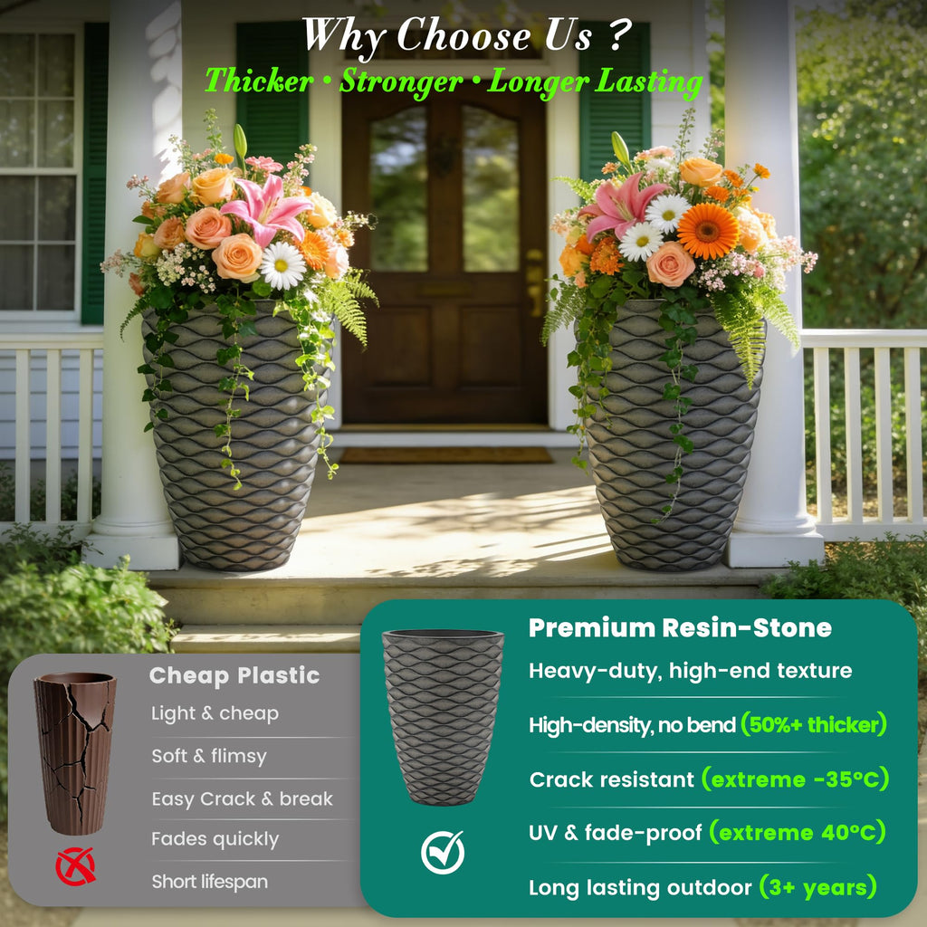 2-Pack 19" Rustic Black Resin Tall Planters with Wave Texture