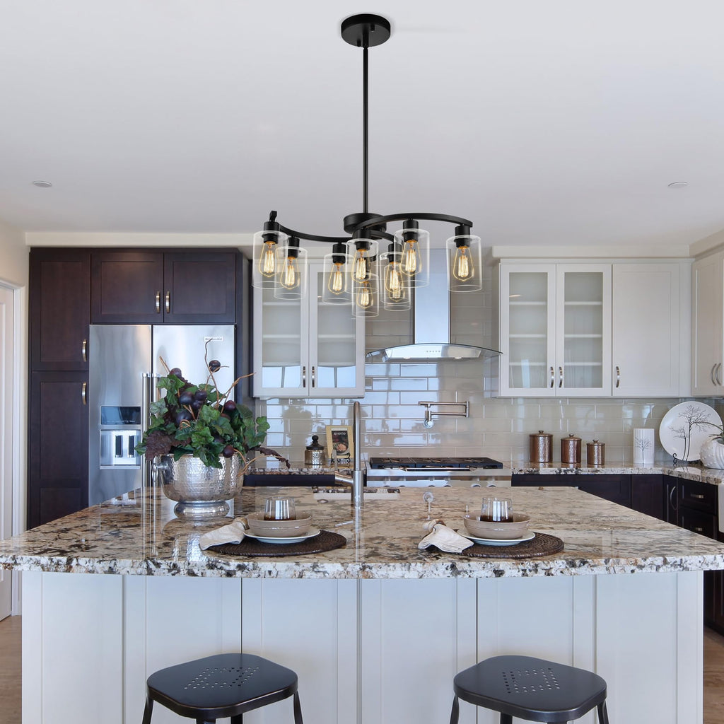 9-Light Black Modern Chandeliers, Adjustable Height Farmhouse Kitchen Island Lighting, Industrial Hanging Light