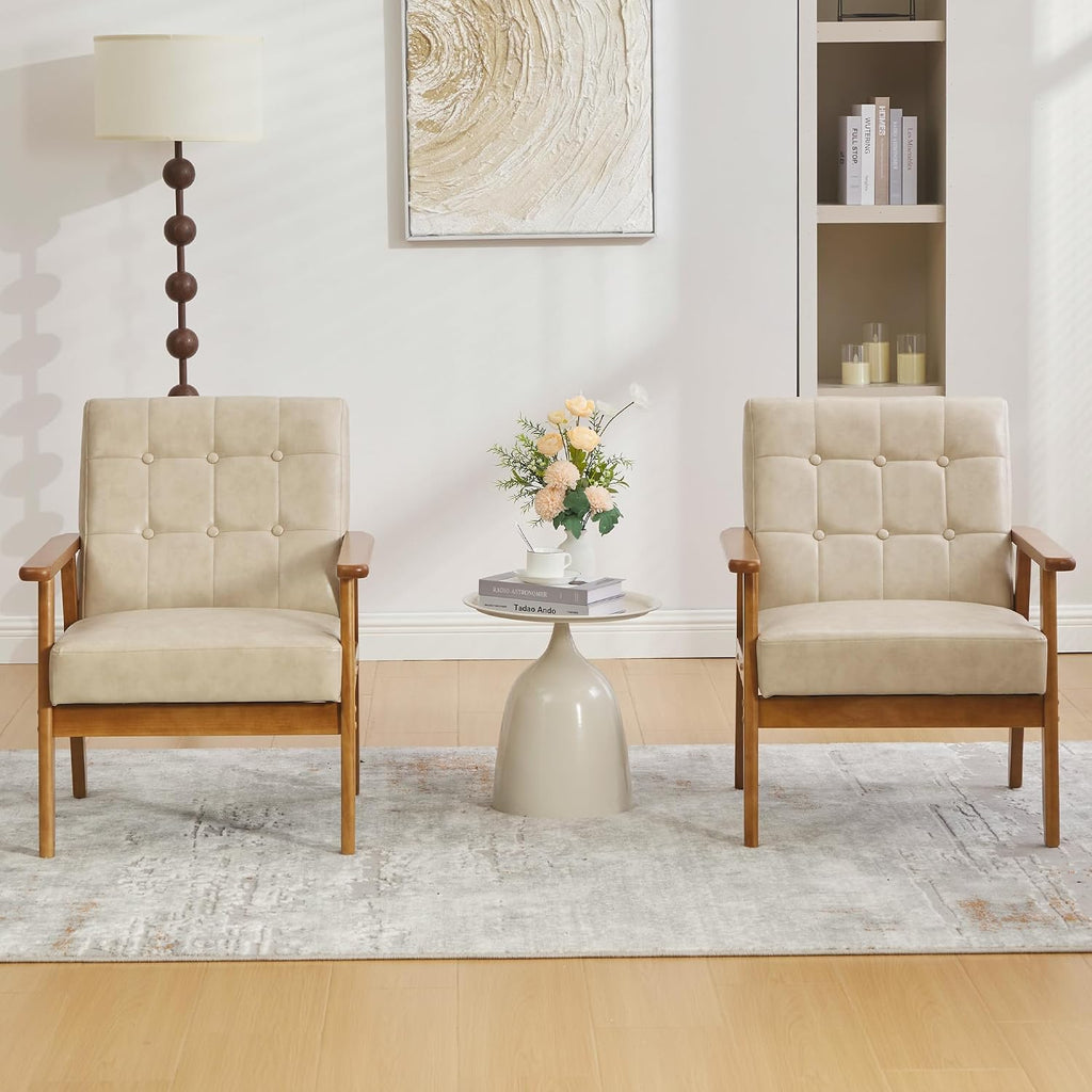 PU Leather Accent Chair, Mid-Century Modern Living Room Chairs with Solid Wood Armrests, Comfortable - Set of 2