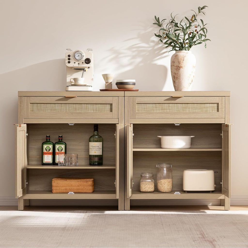 Sideboard Buffet Storage Cabinet Set of 3, Rattan Credenza Buffet | Boho Console Accent Cabinet with 6 Doors and 3