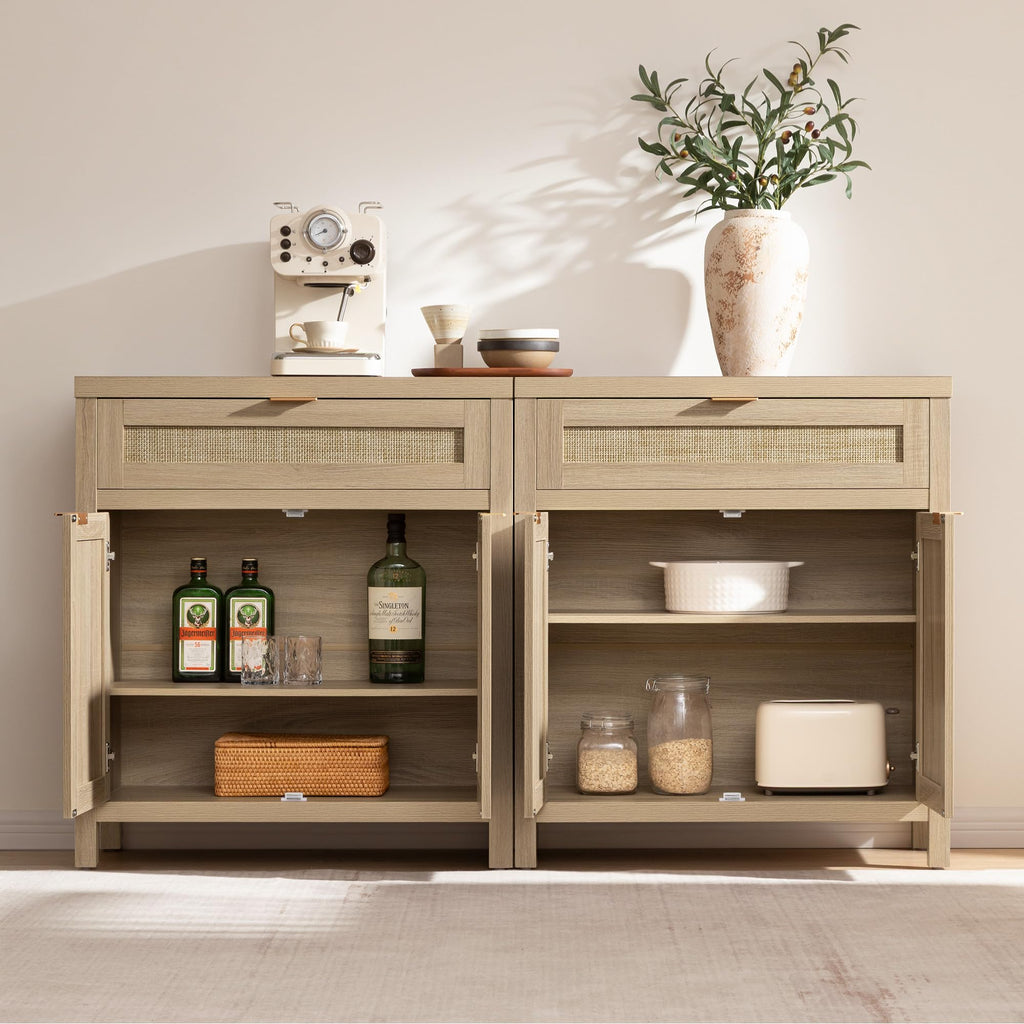 Sideboard Buffet Storage Cabinet Set of 2, Rattan Credenza Buffet