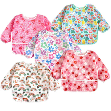 5 Pack Baby Long Sleeve Bibs| Waterproof Full Sleeve Bib for Baby Infant Toddler 6-36 Months (Pink)