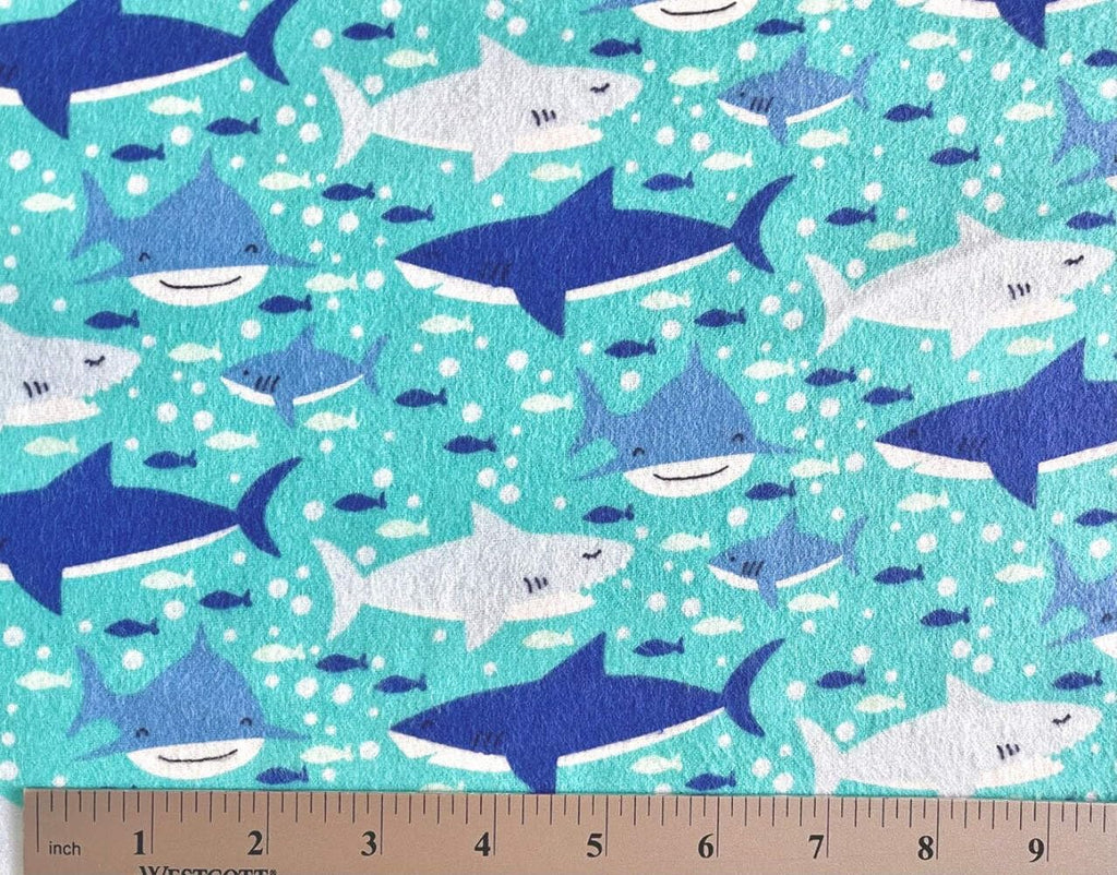 Blue Swimming Sharks on Turquoise Comfy Cotton Flannel Fabric by the Yard
