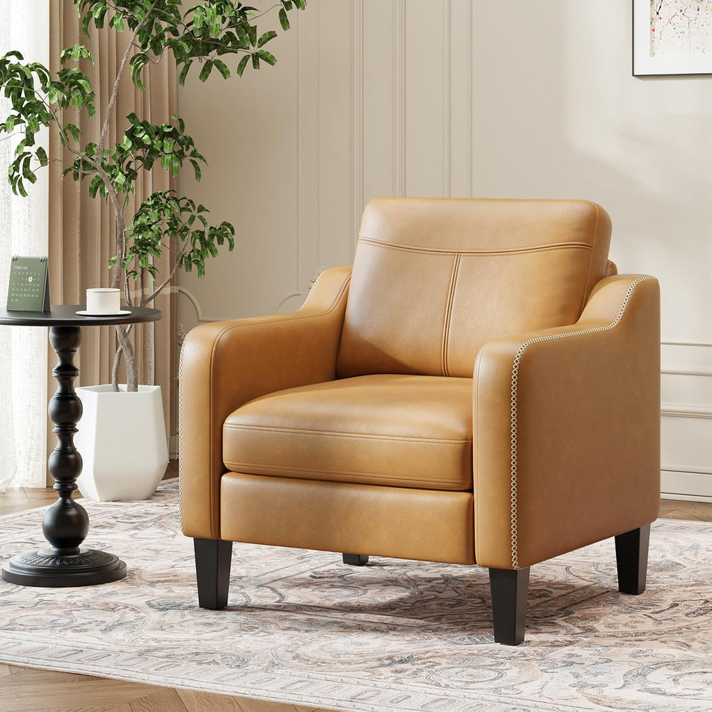 PU Leather Accent Chair, Mid-Century Modern Living Room Armchair Sofa with Removable Cushions, Solid Wood - Set of 2