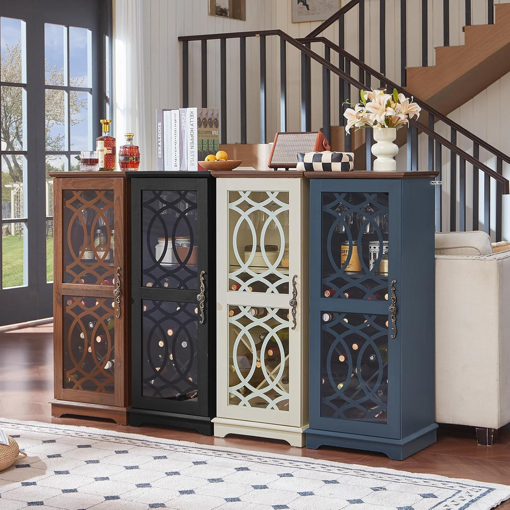 Wine Bar Cabinet with Glass Door, 43" Blue Liquor Cabinet | Wine Rack, Storage Shelf, Thick Base, Elegant Wood Grain