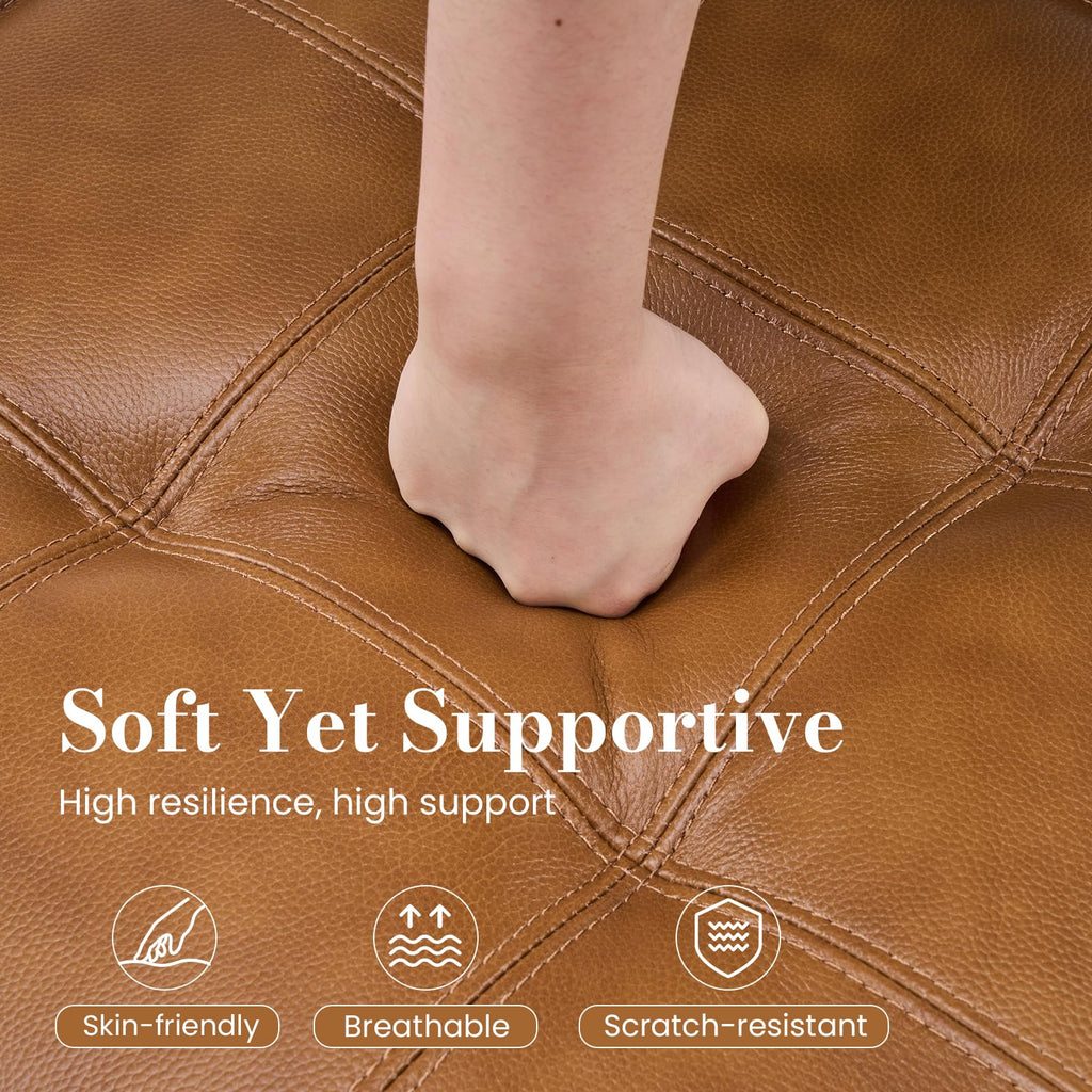Square Genuine Leather Pouf Ottoman, No-Assembly Modern Footrest (Tan)