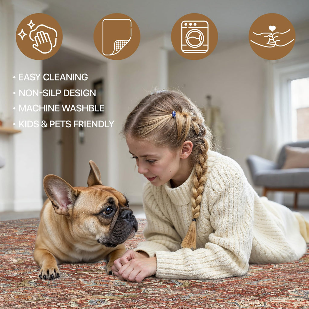 Runner Rug Machine Washable Boho Runners, Ultra-Thin Low Pile Rug, Lightweight Indoor Carpet, Non Slip Floral