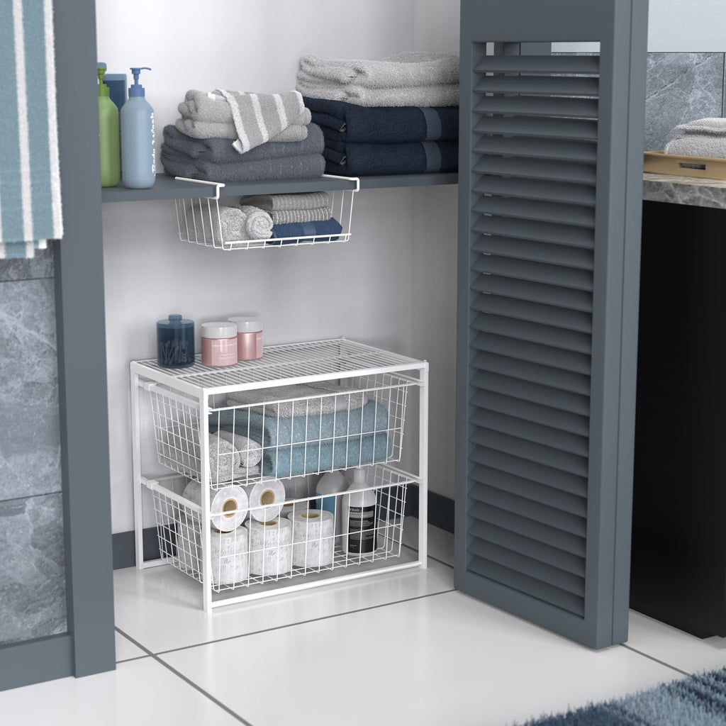 Wire Basket 2 Drawer Organizer Unit with Shelf for Pantry, Closet, Clothes, Linens, Sturdy Steel, Easy Assembly, White