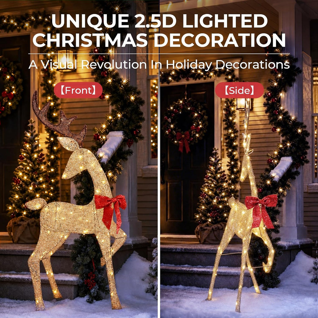 4.5Ft Lighted Reindeer Outdoor Christmas 2D Deer Family Sets Outdoor Reindeer Christmas Yard Decoration
