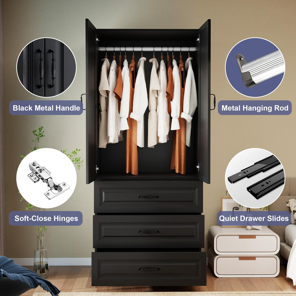Black Wardrobe Closet with 3 Drawers and 2 Doors, 75" H x 32" W