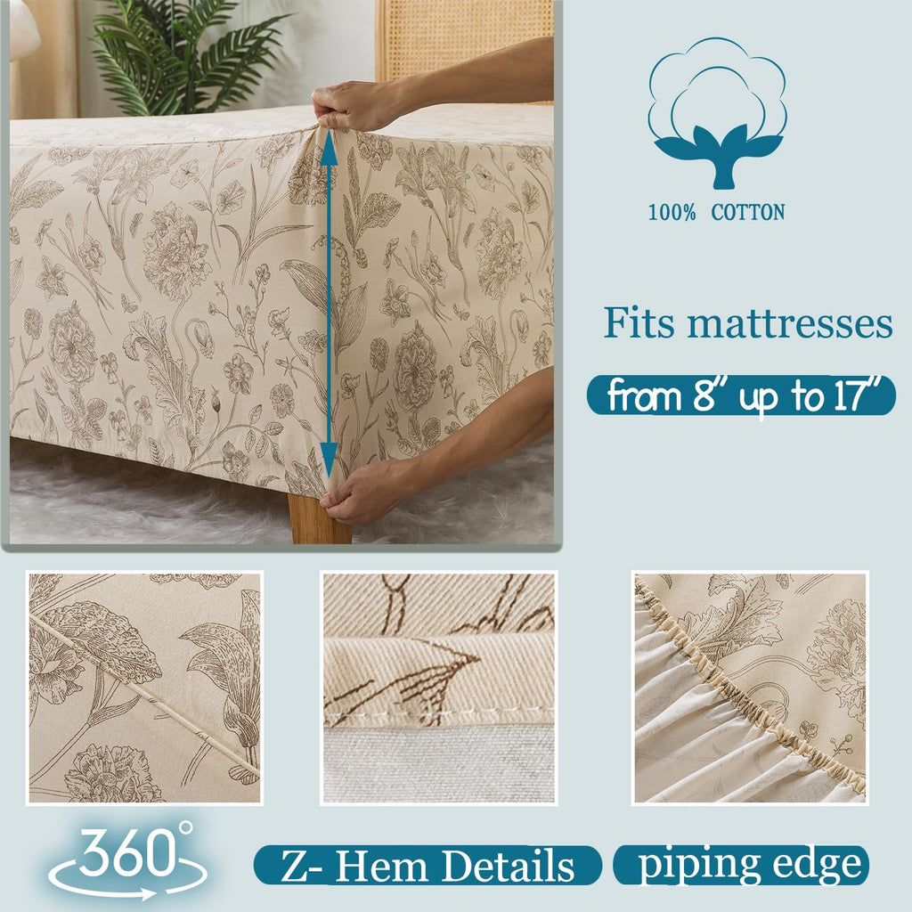 Full Size Sheets 100% Percale Cotton Beige Floral Bed Sheet, Brushed for Extra Softness, Breathable Luxury Toile