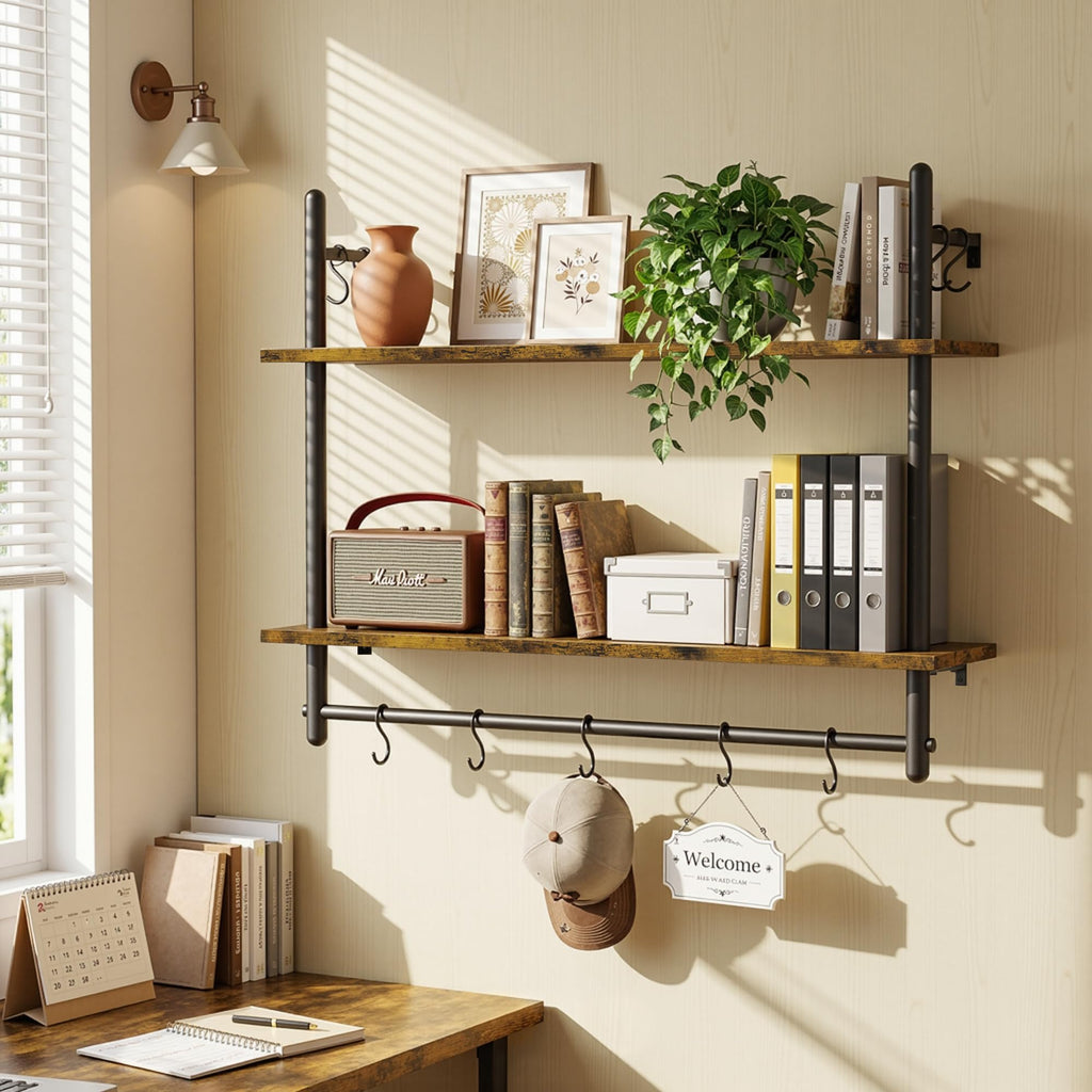 31.5" Industrial Pipe Floating Shelf with Towel Bar & Hooks