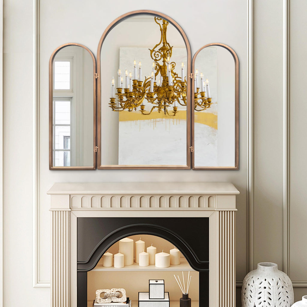 3 Way Mirror Bathroom, Trifold Vanity Mirrors Bedroom, Large Arch Mirrors Decorative Vintage Gold, Adjustable Makeup