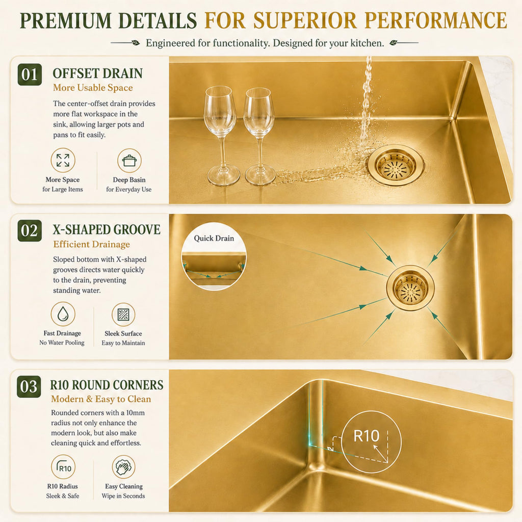Gold Kitchen Sink Offset Drain, 33"X18" Undermount Single Bowl Sink
