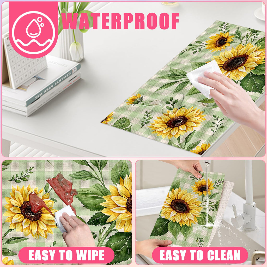 Blooming Sunflowers Placemats Set of 6,12x18 Inch Green Checkered Linen Place Mat Washable Stain Resistant Table Mats