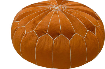 Burnt Orange Moroccan Velvet Floor Pouf - Round Ottoman Cushion with Mandala Embroidery, Handcrafted Panel Stitching