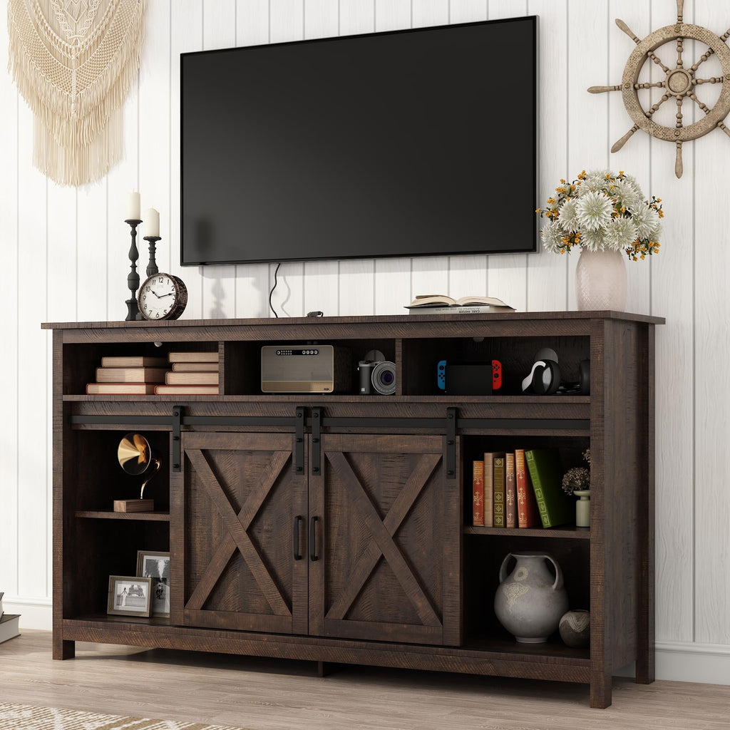 57In Wooden Farmhouse Entertainment Center for 60/65 inch TV, Double Layer Storage Farmhouse TV Stand, Double-Row