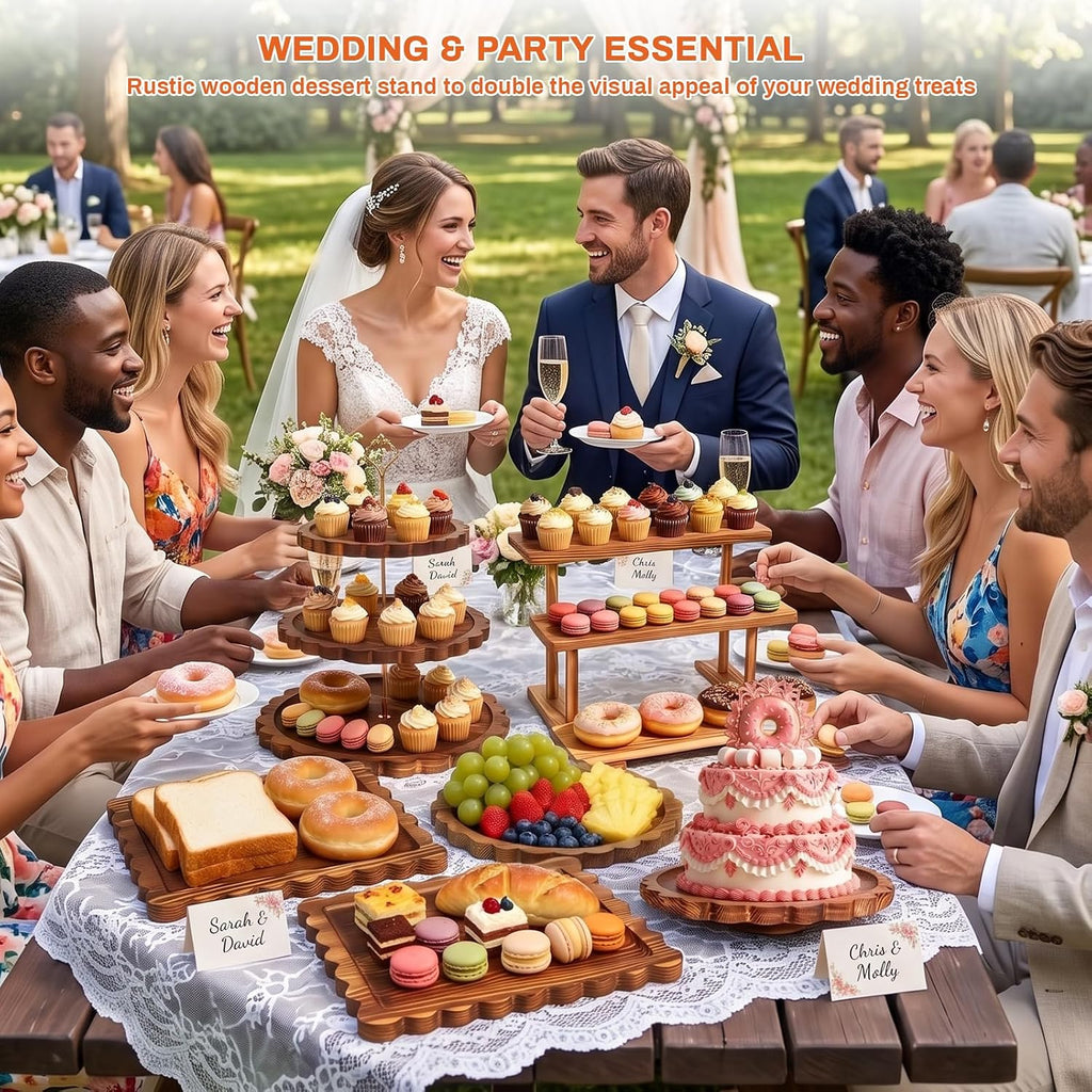 Set of 6 Wooden Dessert Display Table Set with 3-Tier Cupcake Stand | Round/Flat Platter, Cake Stand Rotating Tray