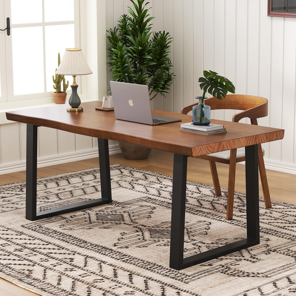 47" Solid Wood Live Edge Computer Desk - Rustic Vintage Industrial Brown Work Desk, Modern Minimalist Home Office