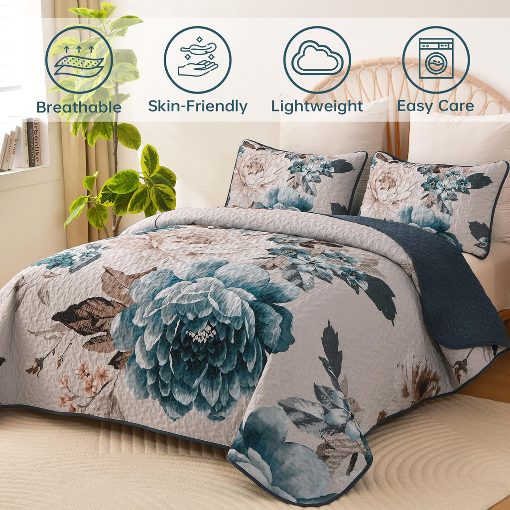Quilt, 3 Pcs Aqua Floral Bedspread Bedding Set