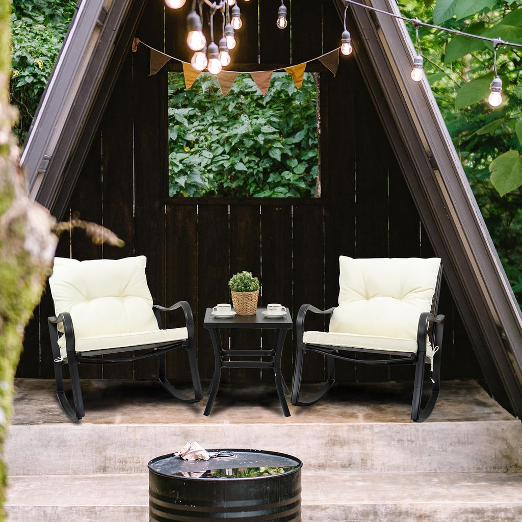 3 Piece Outdoor Rocking Chairs Patio Bistro Set | Coffee Table and Cushions, Patio Wicker Rocking Chair Furniture Set