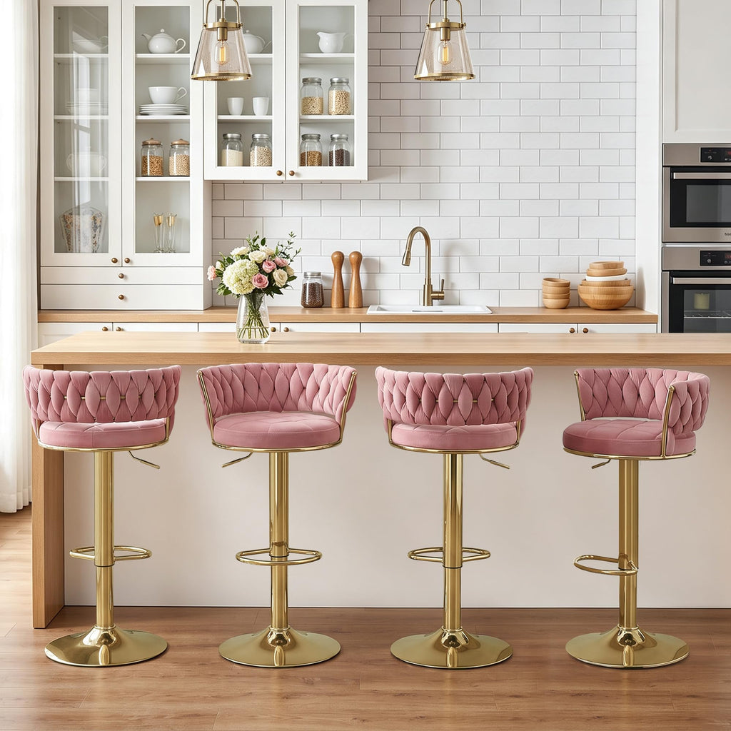 Bar Stools Set of 4, Adjustable Barstools Counter Height Stools with Back and Arm, Velvet Woven Kitchen Island Stools