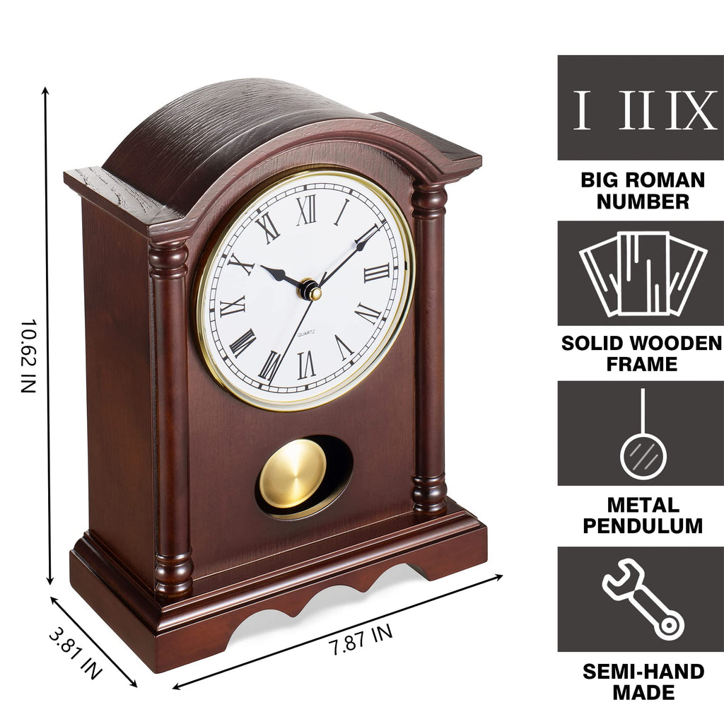 Classic Grandfather Mantel Clock Déco, Elegant Wooden Finish, Gold-Tone Pendulum, Desk Clock, Farmhouse Décor