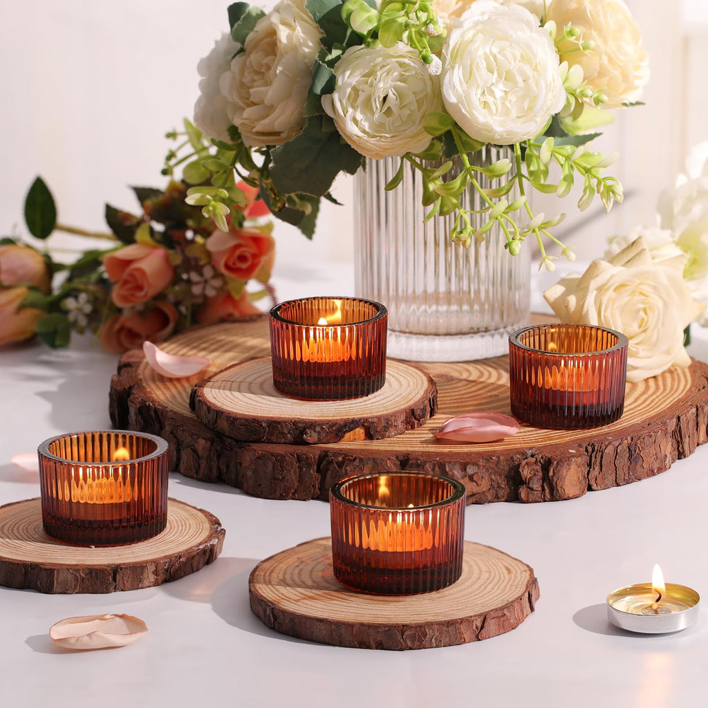 30Pcs Ribbed Amber Votive Candle Holders for Fall Table Decor, Amber Tea Light Candle Holders with 32pcs Tea Light