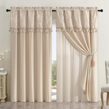 Royale 4-Piece Jacquard Floral Window Curtain/Drape Set with Sheer Backing Valance Tassels, Champagne