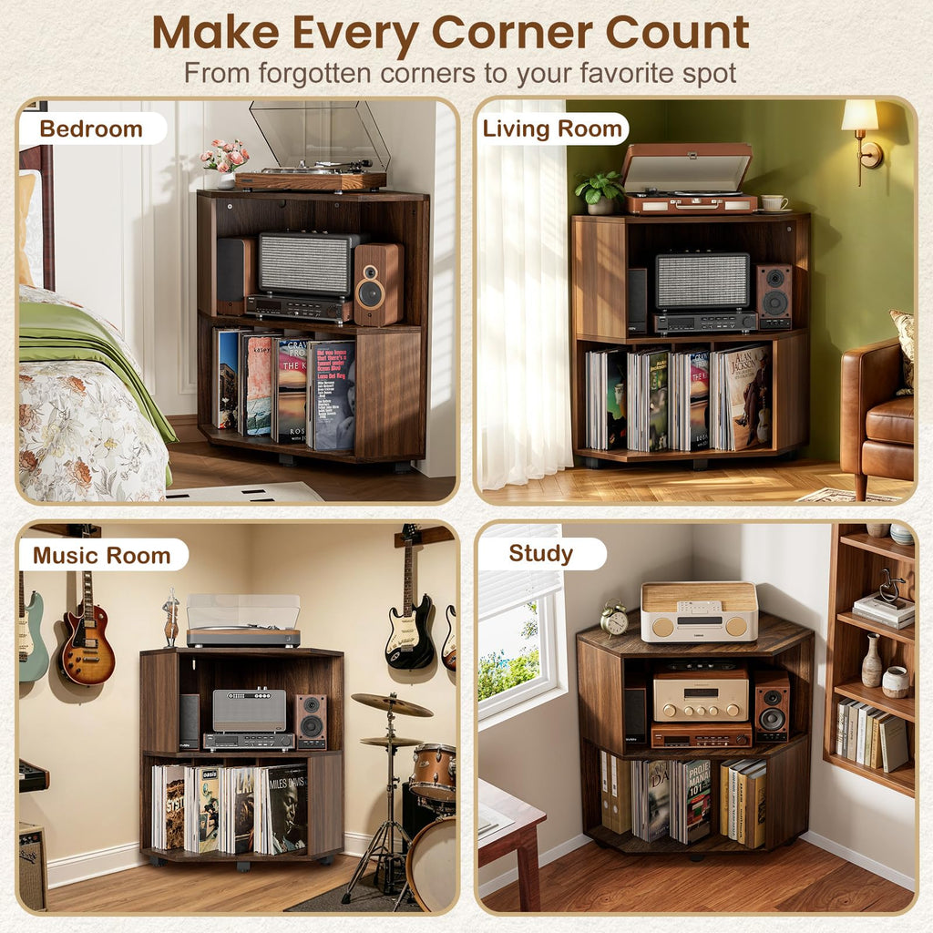 Corner Record Player Stand, Record Player Cabinet, Walnut