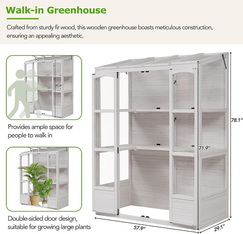 78 Inch Wooden Greenhouse with Walk-in Design, White | White fir wood, outdoor garden, walk-in design, polycarbonate