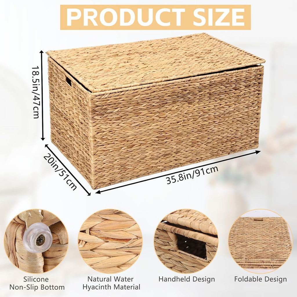 Water Hyacinth Wicker Storage Trunk with Metal Frame 36x20x18.5Inch Large Rattan Basket Decorative Blanket Chest