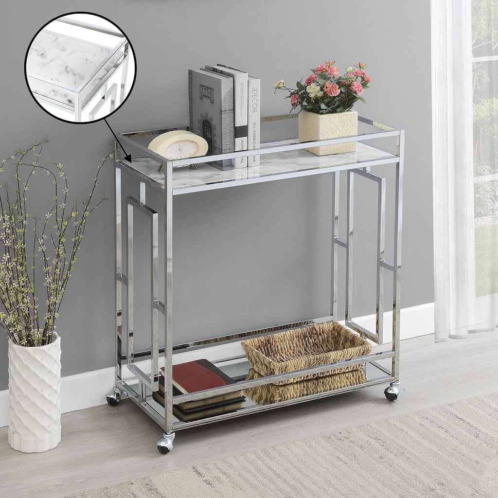 Town Square Chrome Faux Marble Mirrored Bar Cart 29.25" - Modern 360-Degree Swivel Serving Cart with Storage Shelf