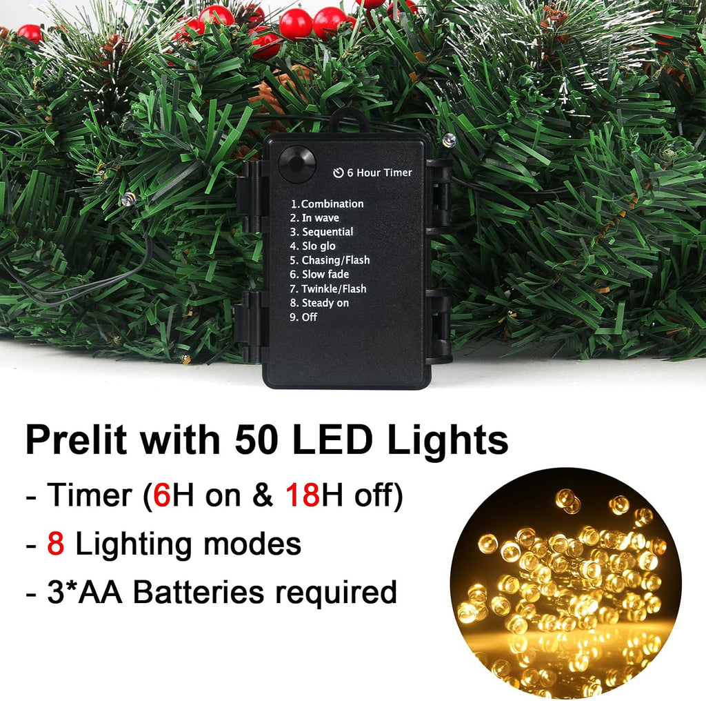 24in Prelit Christmas Wreath for Front Door Christmas Decorations- Timer 8 Light Modes- Battery Operated Lighted