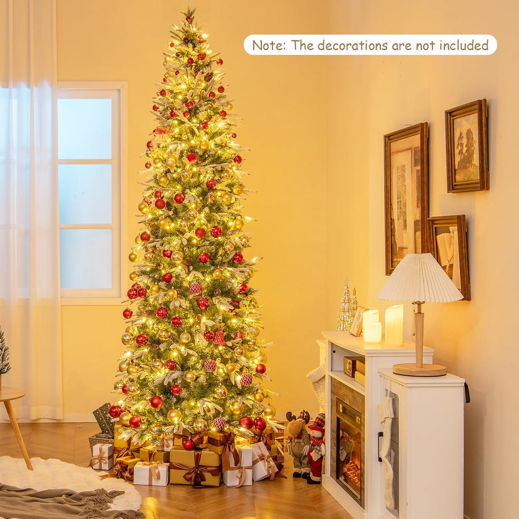 9 FT Pre-Lit Pencil Christmas Tree Snow Flocked, Slim Artificial Xmas Tree with 1310 Branch Tips, 470 LED Lights, 98