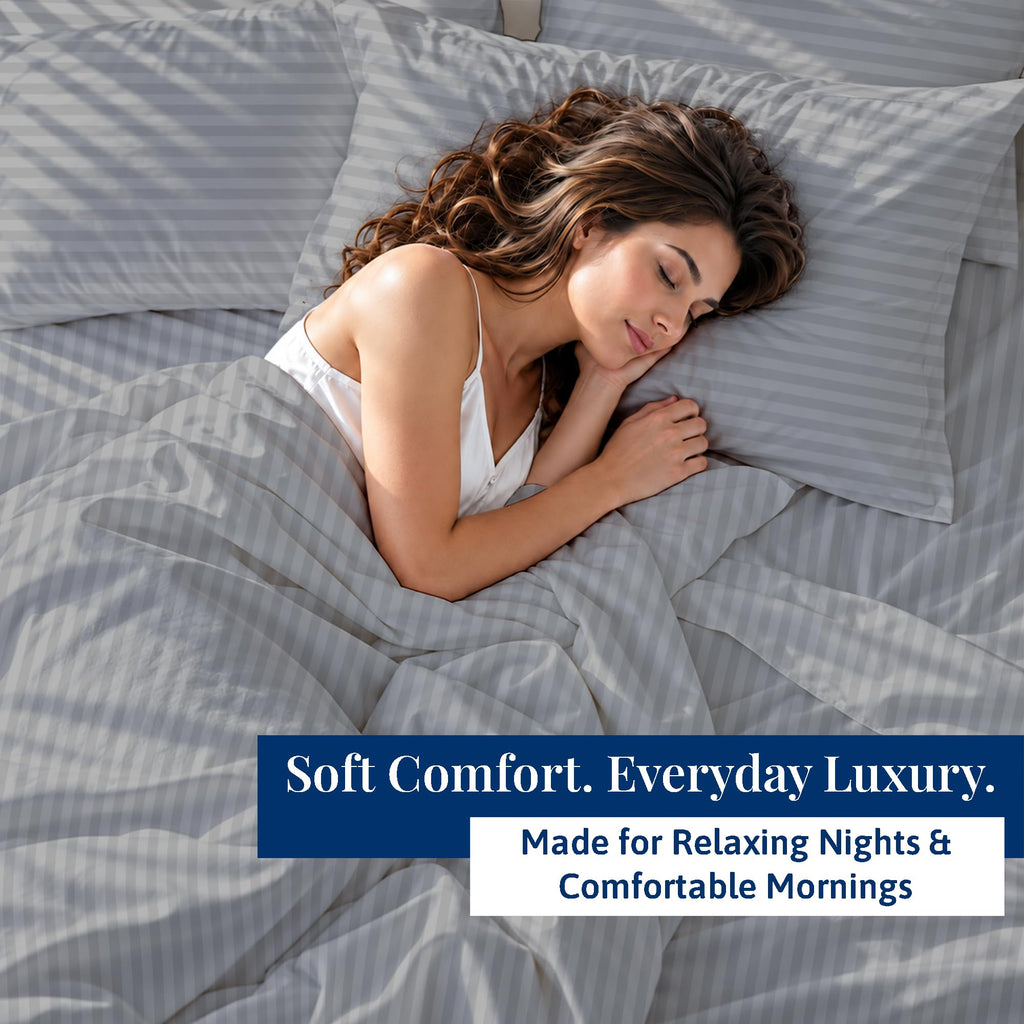 Queen [21"] Bed Linen Set, 600 Thread Count Egyptian Cotton, 6 Piece Striped Sheet Set, Light Grey Stripe, Deep